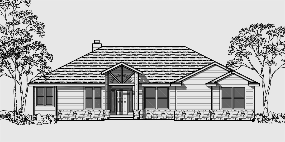 10001 One story house plans, daylight basement house plans, 3 bedroom house plans, side entry garage plans, side load garage plans, 10001