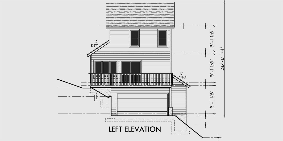 House front drawing elevation view for 10070 Sloping lot house plans, house plans with side garage, narrow lot house plans, 5 bedroom house plans, house plans with elevator, 10070