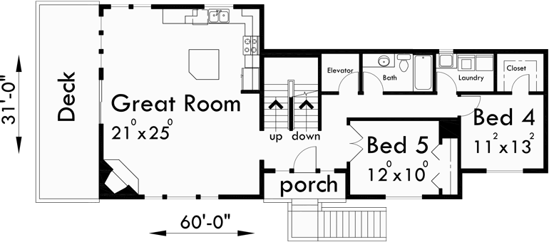 Main Floor Plan for 10070 Sloping lot house plans, house plans with side garage, narrow lot house plans, 5 bedroom house plans, house plans with elevator, 10070