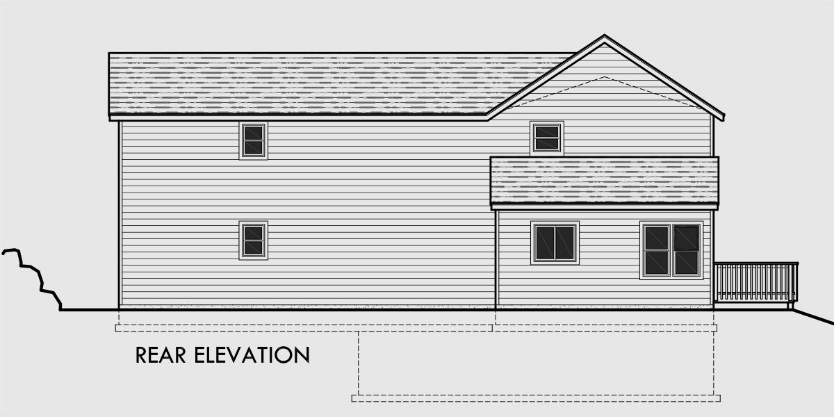 House rear elevation view for 10070 Sloping lot house plans, house plans with side garage, narrow lot house plans, 5 bedroom house plans, house plans with elevator, 10070