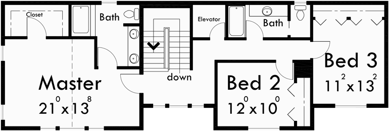 Upper Floor Plan for 10070 Sloping lot house plans, house plans with side garage, narrow lot house plans, 5 bedroom house plans, house plans with elevator, 10070