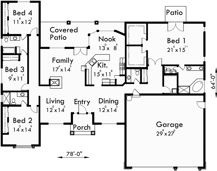 4 bedroom house plans, house plans with large master suite, 3 car