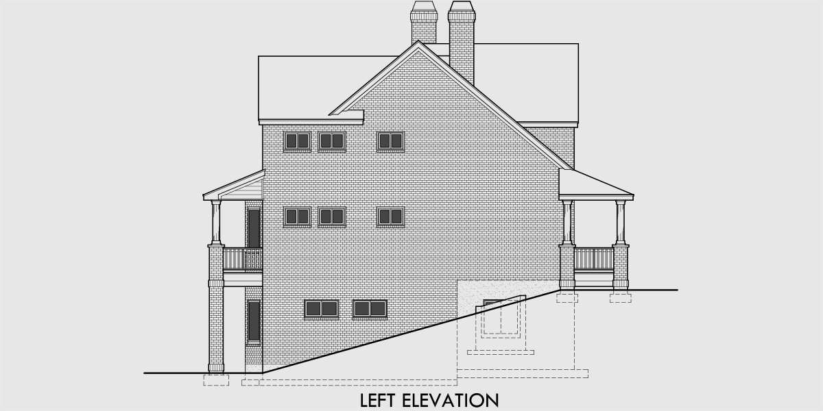 House rear elevation view for 9929 Brick House Plans, daylight basement house plans, house plans for sloping lots, wrap around porch house plans, 9929