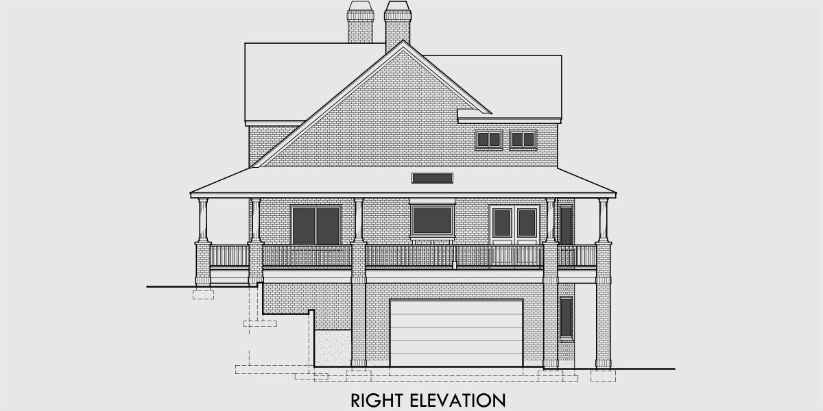 House rear elevation view for 9929 Brick House Plans, daylight basement house plans, house plans for sloping lots, wrap around porch house plans, 9929