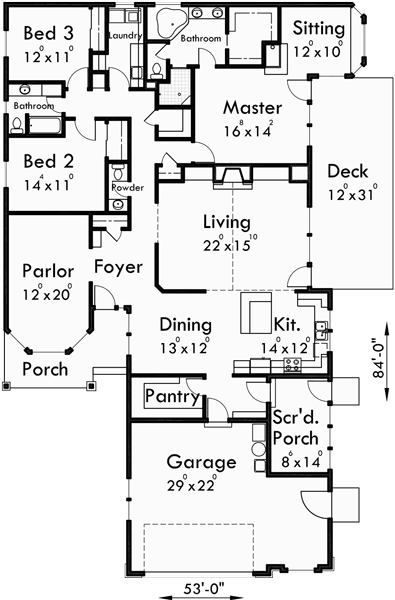 Main Floor Plan for 10079 One level house plans, side view house plans, narrow lot house plans, 10079