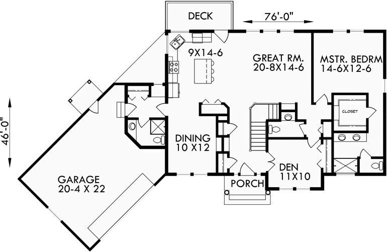 Main Floor Plan for 9918 Walkout Basement House Plan, Great Room, Angled Garage