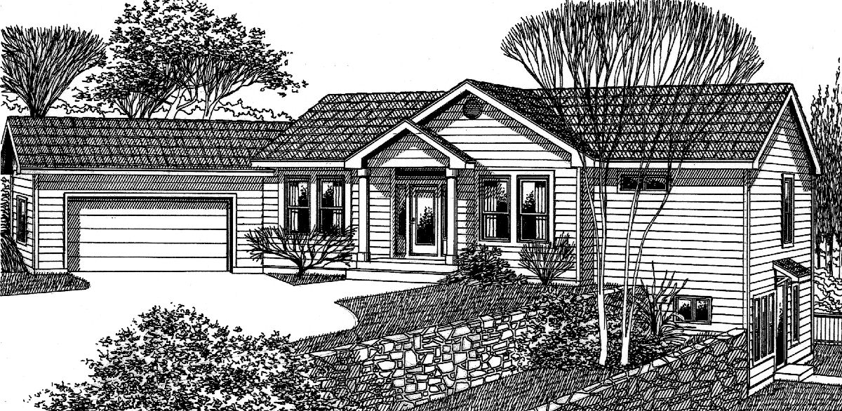 House front color elevation view for 9918 Walkout Basement House Plan, Great Room, Angled Garage