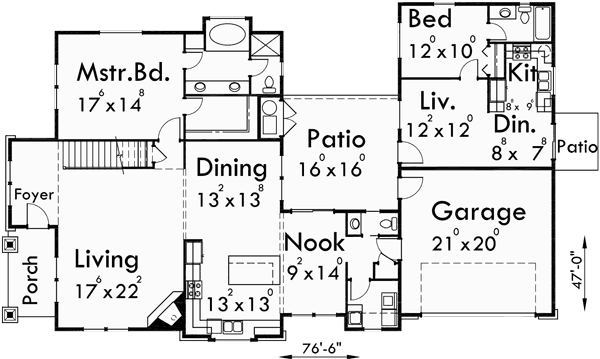 Main Floor Plan for 10096 Two Story Traditional House Plan features single family with in law suite.