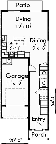 Main Floor Plan for S-727 6  plex house plans, narrow row house plans, six plex house plans, multi unit house plans, S-727