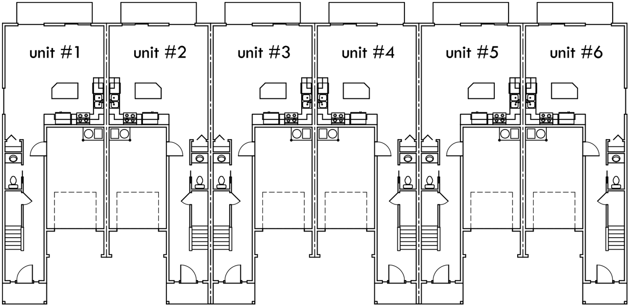 Main Floor Plan 2 for S-727 6  plex house plans, narrow row house plans, six plex house plans, multi unit house plans, S-727