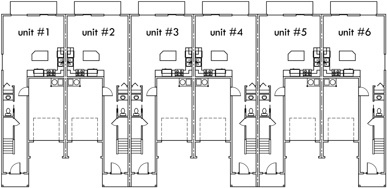 6 Plex House Plans, Narrow Row House Plans, Six Plex, S727