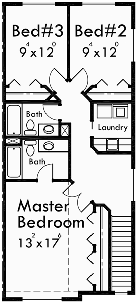 Upper Floor Plan for S-727 6  plex house plans, narrow row house plans, six plex house plans, multi unit house plans, S-727