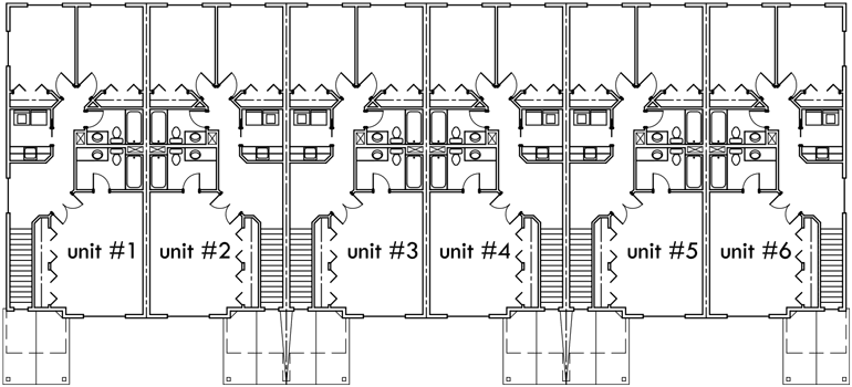 6 Plex House Plans, Narrow Row House Plans, Six Plex, S727