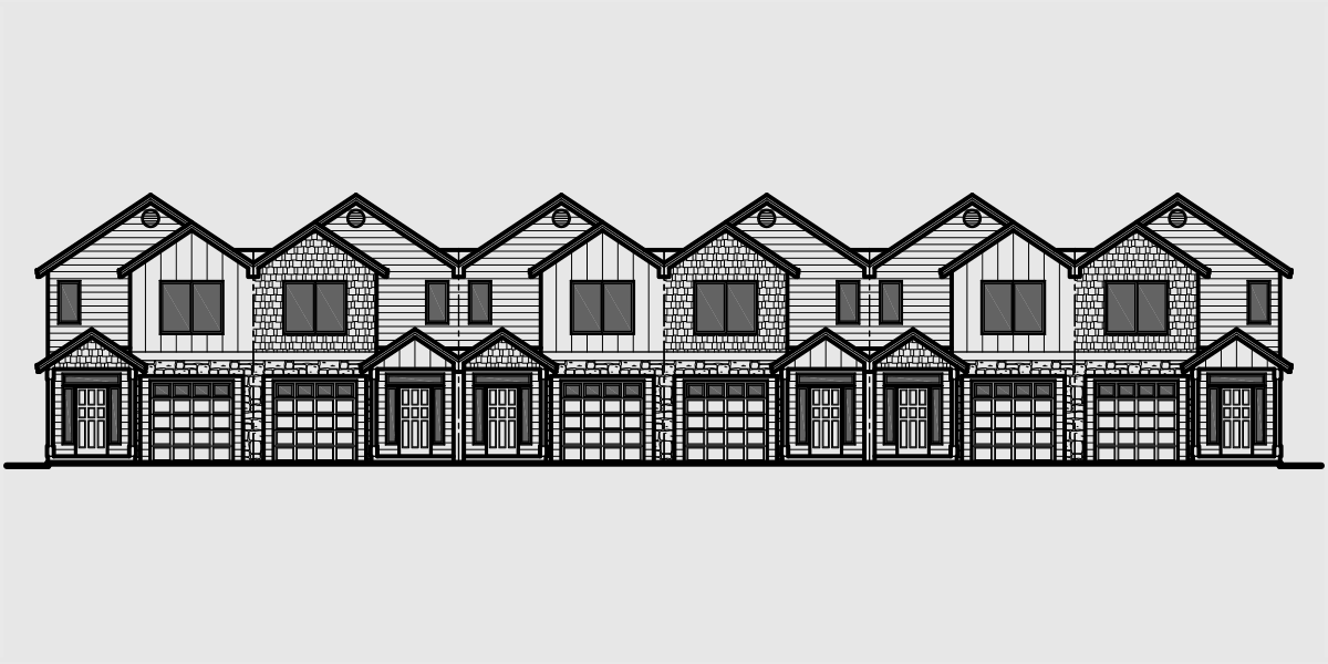 House front drawing elevation view for S-727 6  plex house plans, narrow row house plans, six plex house plans, multi unit house plans, S-727