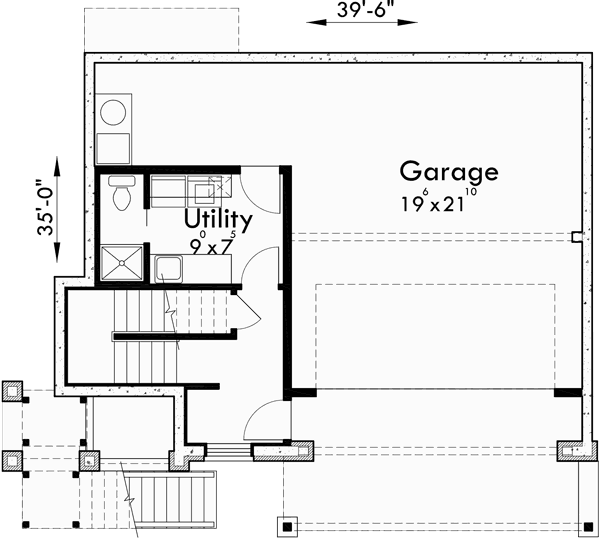 Lower Floor Plan for 10110 Craftsman house plan for sloping lots has front Deck and Loft
