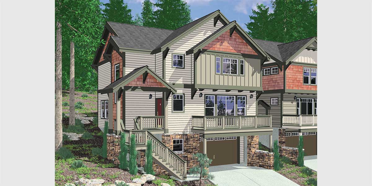 Craftsman House  Plan  For Sloping Lots Has Front Deck And Loft