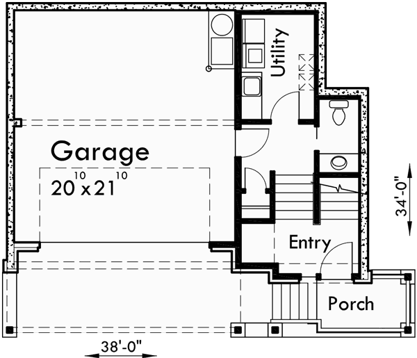 Lower Floor Plan for 10111 Craftsman house plan for sloping lots has front and rear decks.