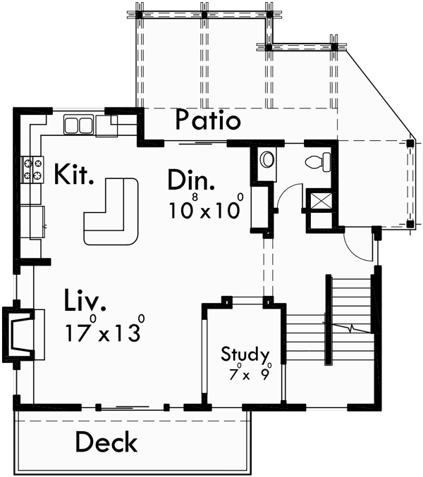 Main Floor Plan for 10111 Craftsman house plan for sloping lots has front and rear decks.