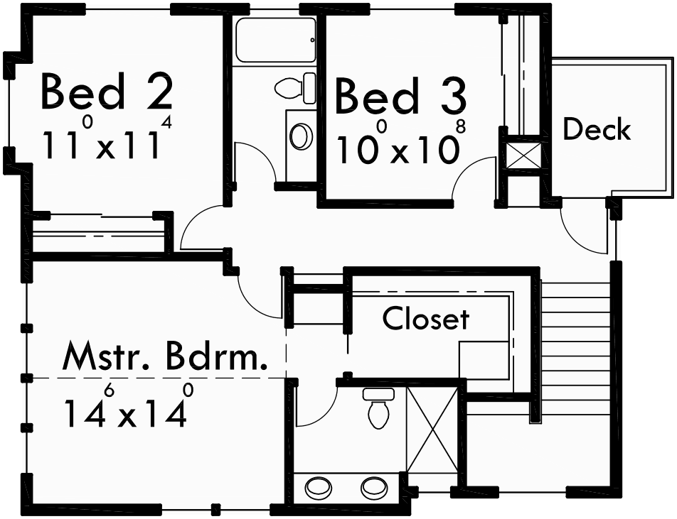 Upper Floor Plan for 10111 Craftsman house plan for sloping lots has front and rear decks.