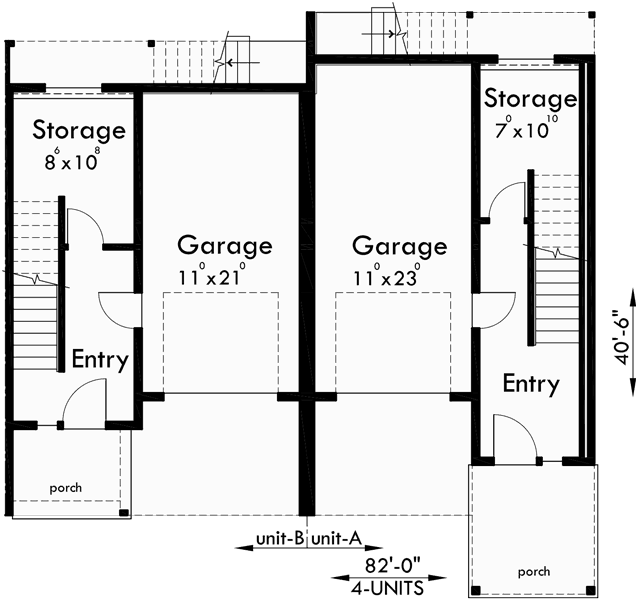 Lower Floor Plan for F-558 Four-plex house plans, 4 unit multi family house plans, F-558