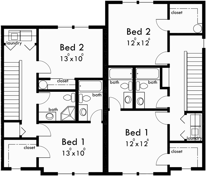 Upper Floor Plan for F-558 Four-plex house plans, 4 unit multi family house plans, F-558