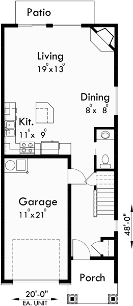 Main Floor Plan for T-407 Triplex House Plans, Craftsman Exterior, Townhouse Plans, T-407