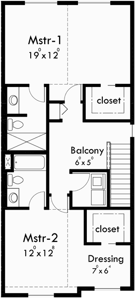 Upper Floor Plan for T-407 Triplex House Plans, Craftsman Exterior, Townhouse Plans, T-407