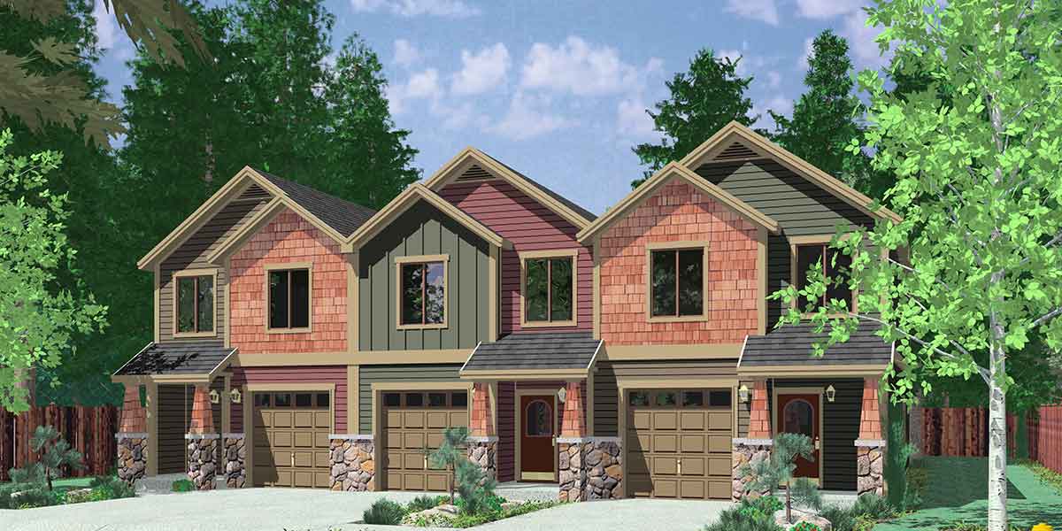 House front color elevation view for T-407 Triplex House Plans, Craftsman Exterior, Town House Plans, T-407