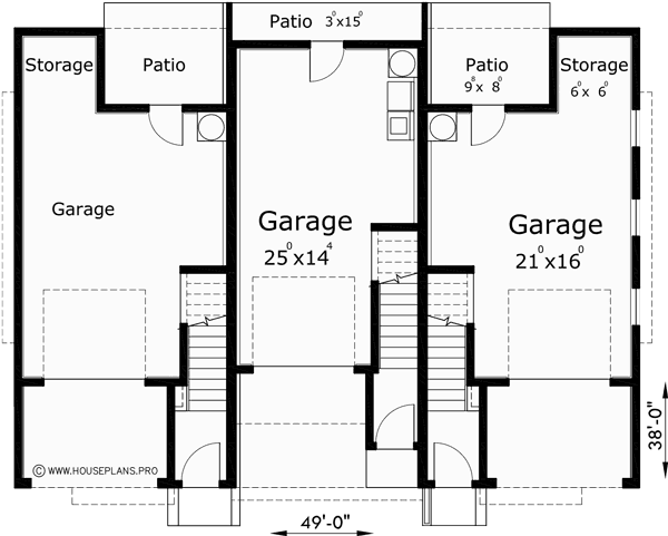 Lower Floor Plan for T-403 Triplex House Plans, Traditional House Plans, Town House Plans, T-403