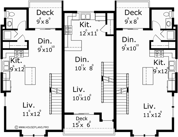 Main Floor Plan for T-403 Triplex House Plans, Traditional House Plans, Town House Plans, T-403