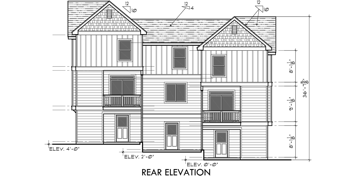 House side elevation view for T-403 Triplex House Plans, Traditional House Plans, Town House Plans, T-403