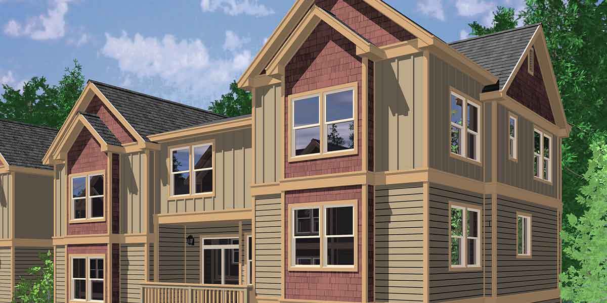 T-403 Triplex House Plans, Traditional House Plans, Town House Plans, T-403