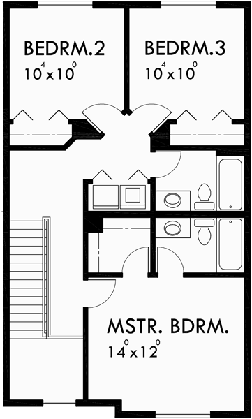 Upper Floor Plan for T-397 Triplex House Plans, 3 Bedroom House Plan, 22' Wide House Plan, T-397