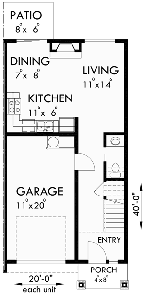 Main Floor Plan for D-532 Duplex House Plan, D-532, Duplex  Plans with Garage