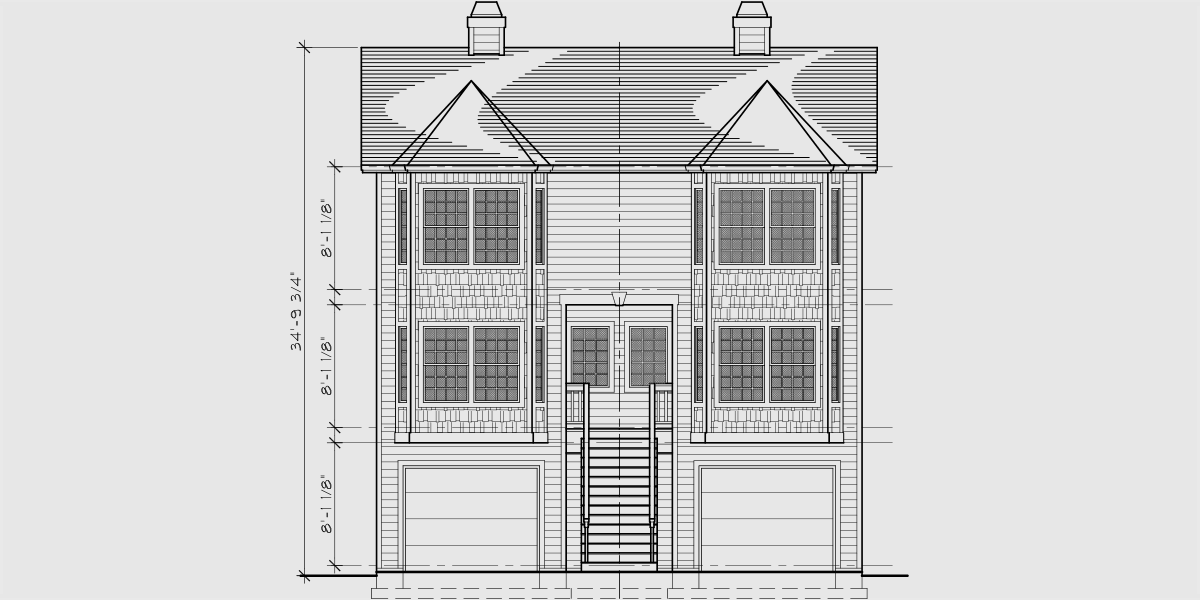 House front color elevation view for D-394 Three story duplex house plans, Victorian duplex house plans, duplex house plans with garage, narrow duplex plans, D-394