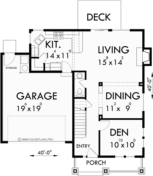 Main Floor Plan for 10121 2 Story Craftsman House Plans, 40' Wide House Plans, 4 Bedroom House Plans