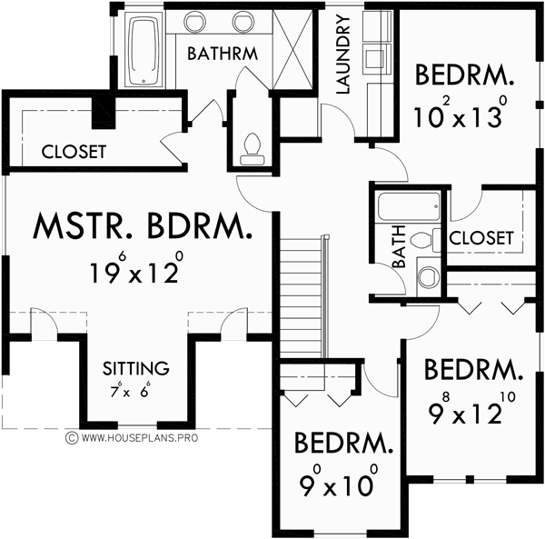 Upper Floor Plan for 10121 2 Story Craftsman House Plans, 40' Wide House Plans, 4 Bedroom House Plans