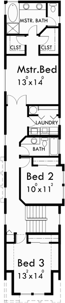 Upper Floor Plan for 10119 Narrow lot house plans, house plans with rear garage, 4 bedroom house plans, 15 ft wide house plans, 10119