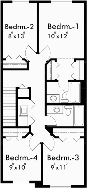 Upper Floor Plan for 10118 Narrow lot house plans, affordable small house plans, 4 bedroom house plans, 20 ft wide house plans, 10118