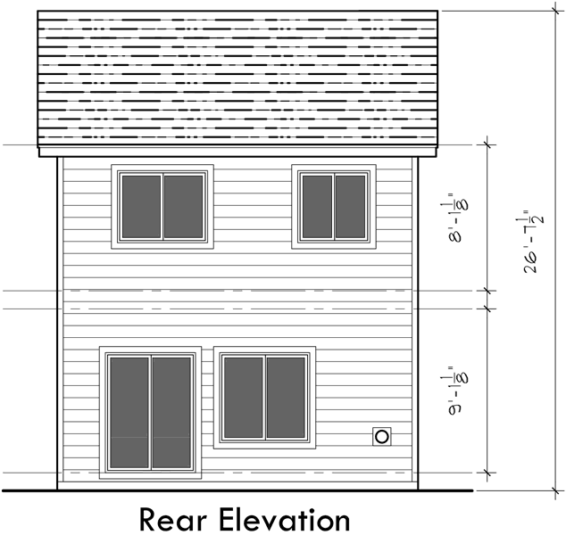 House front drawing elevation view for 10118 Narrow lot house plans, affordable small house plans, 4 bedroom house plans, 20 ft wide house plans, 10118