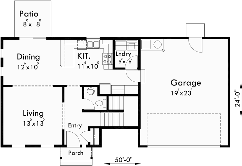 Main Floor Plan for 10127 Two story house plans, 3  bedroom house plans, colonial house plans, 50 ft wide 24 ft deep