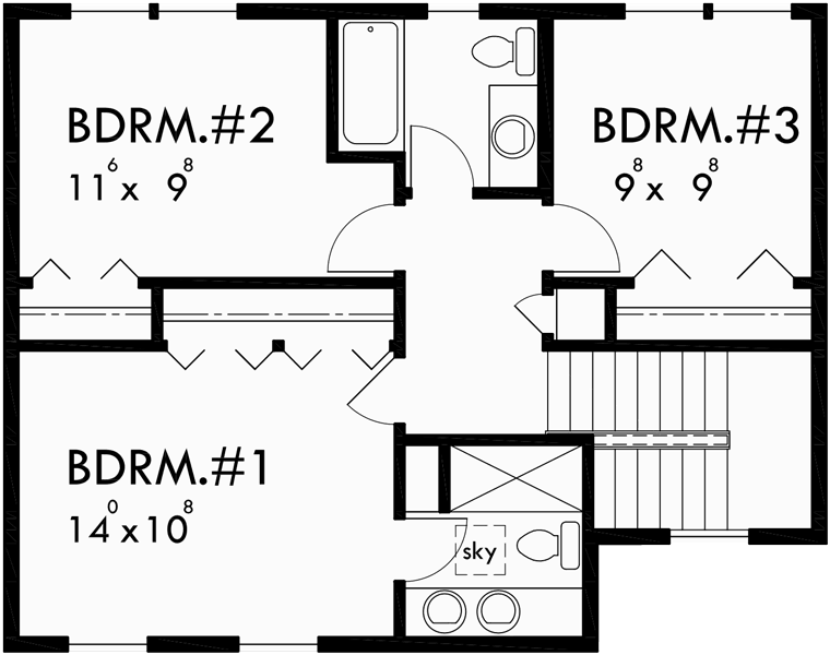 Upper Floor Plan for 10127 Two story house plans, 3  bedroom house plans, colonial house plans, 50 ft wide 24 ft deep