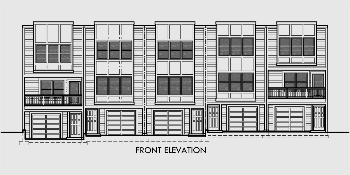 House rear elevation view for FV-560 Modern style five unit row house larger managers unit