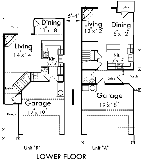 Main Floor Plan for D-554-b Duplex house plans, corner lot duplex house plans, duplex house plans with garage, 3 bedroom duplex house plans, D-544-b
