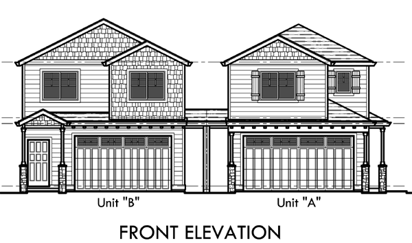 House front color elevation view for D-554-a Duplex house plans, corner lot duplex house plans, corner lot house plans, D-554-a