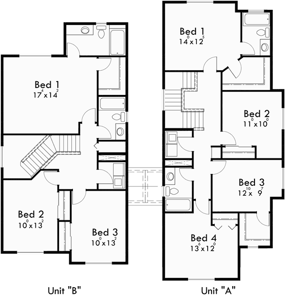 Upper Floor Plan for D-558-b Duplex house plans, corner lot duplex house plans, duplex house plans with garage, 3 bedroom duplex house plans, D-558-b