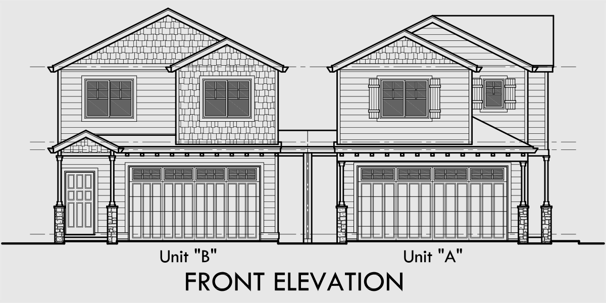 House front drawing elevation view for D-558-b Duplex house plans, corner lot duplex house plans, duplex house plans with garage, 3 bedroom duplex house plans, D-558-b