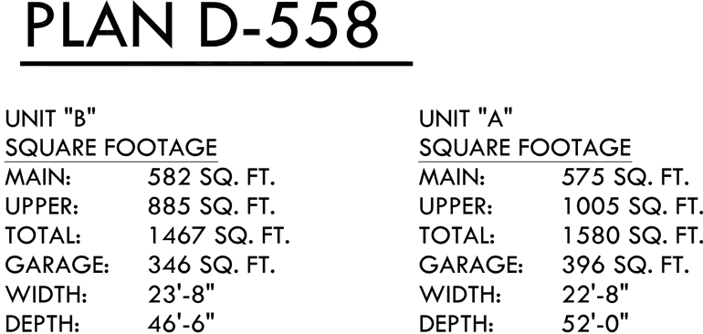 Additional Info for Duplex house plans, corner lot duplex house plans, duplex house plans with garage, 3 bedroom duplex house plans, D-558-b