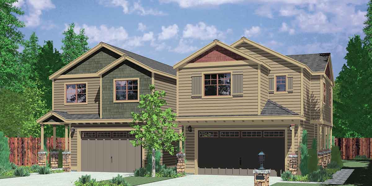 D-558-b Duplex house plans, corner lot duplex house plans, duplex house plans with garage, 3 bedroom duplex house plans, D-558-b