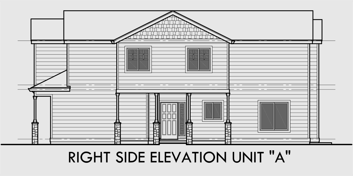 House rear elevation view for D-558-b Duplex house plans, corner lot duplex house plans, duplex house plans with garage, 3 bedroom duplex house plans, D-558-b